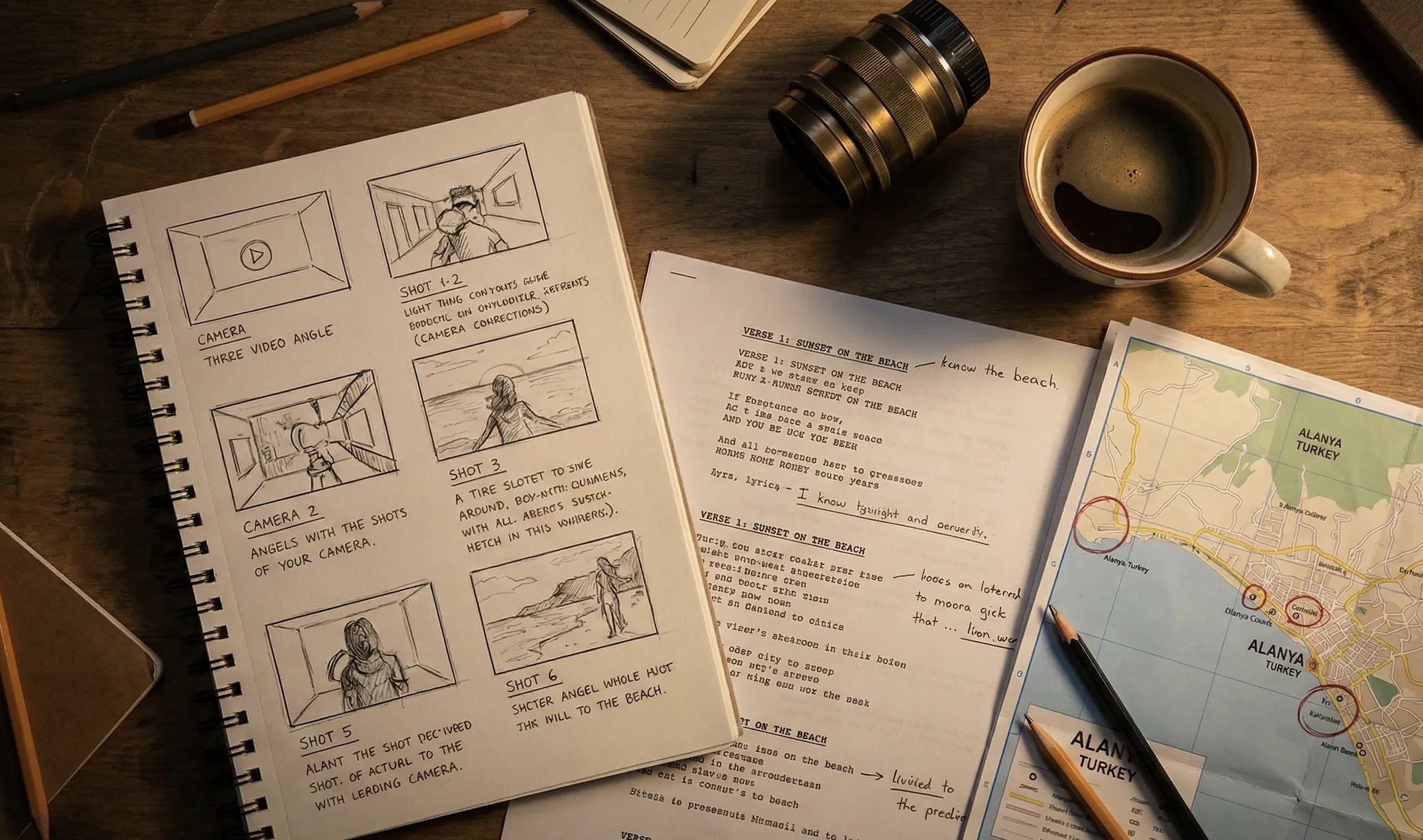 Pre-production planning for music video in Turkey and Alanya showing storyboarding and concept development