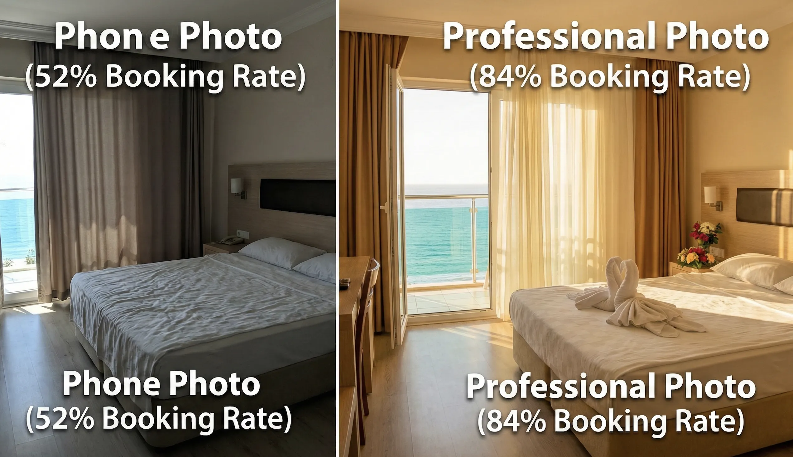 Before and after comparison of professional hotel photography showing dramatic improvement in quality and appeal