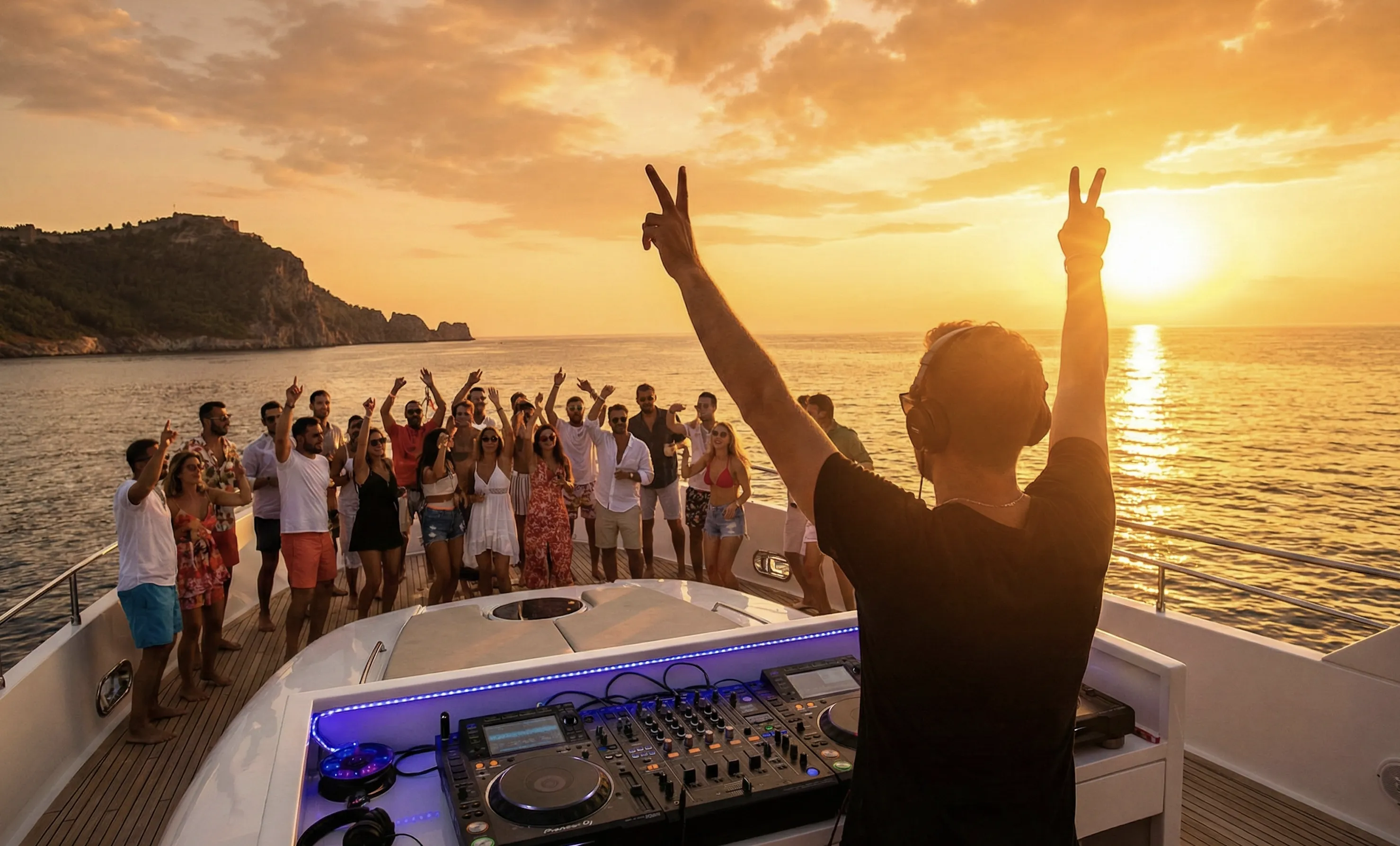 Aerial drone shot of DJ set on boat in Alanya Turkey