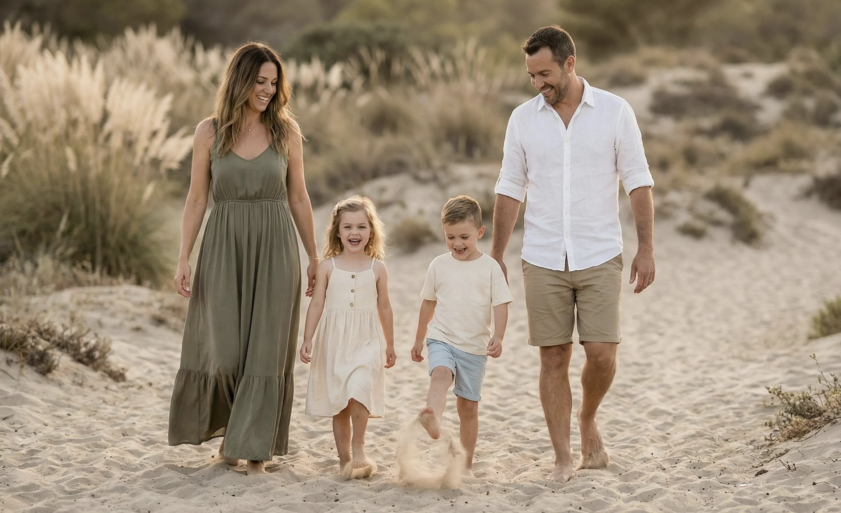 Family beach photo session at golden hour in Alanya Turkey with coordinated outfit colors